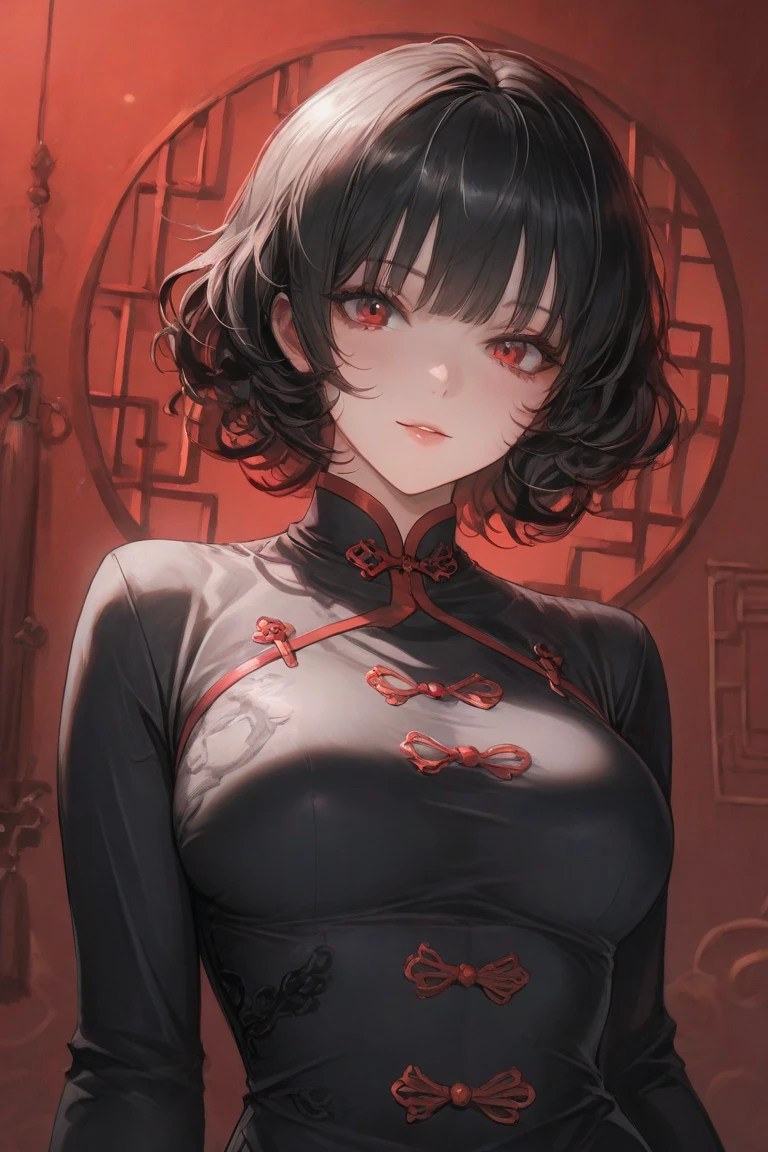 ((Highest quality)),((masterpiece)),(detailed),One Woman,Short black hair Chinese Age: 22 Black clothes Advanced Chinese Dress Older sister type cute Bust size C Red makeup on the face Red paint on eyes Standing posture clock