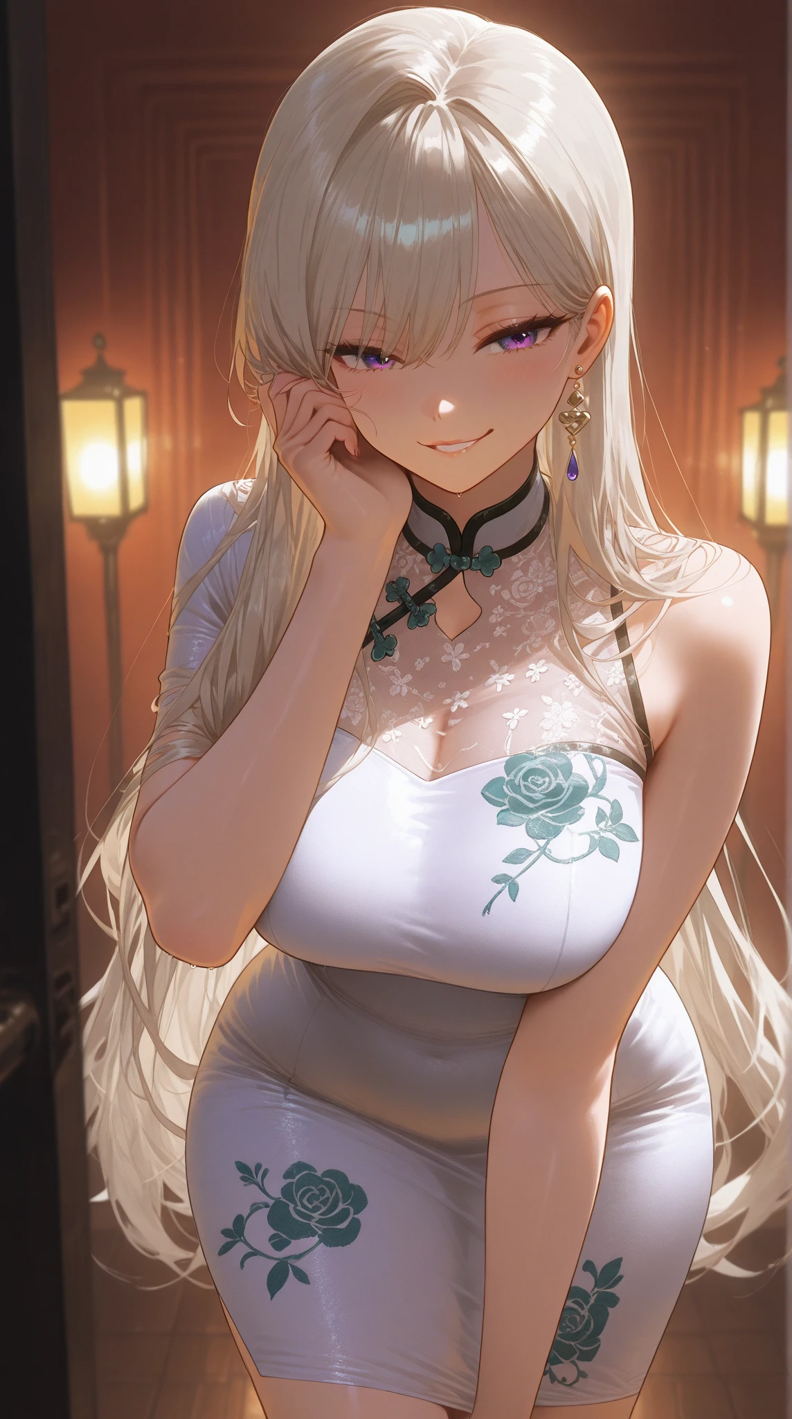 ((best quality)), ((masterpiece)), (detailed), perfect face, (best quality), (detailed skin), (intricate details), party, ball gown, ((white dress)), plunging neckline, green emerald necklace, earrings, bewitching smile, (hair two side up, blonde hair), terrace seats at night, armpits