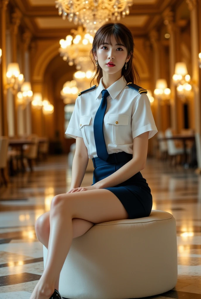 （masterpiece:1.2）,(8K high resolution), (highest quality), (RAW image quality), (realistic), (realistic:1.37),long eyelashes,（Live-action realistic style),realistic light and shadow,clear facial features,,Fair skin,best portrait, 1-Girl,highly detailed skin,(Beautiful face with double eyelids), (realism: 1.4),((full body image)) ,delicate and beautiful face,,woman around 30 years old,(beautiful face 1.4),straight hair length,,(lipstick,beautiful earrings),((Taken at the airport)),(stewardess uniform,)),(Stewardess in uniform),,(3/4 length),Shoot head-on,,Close-range shooting,((sitting inside the airport,Show your panties)),,(((Look at the audience and smile),、((Wearing a stewardess uniform)),(smile without opening your mouth),（Please sit down）,（（Sit in front of the viewer））,sit with legs apart,Sit with your legs apart in front of the viewer,You can see the white panties,Open your legs to show your crotch