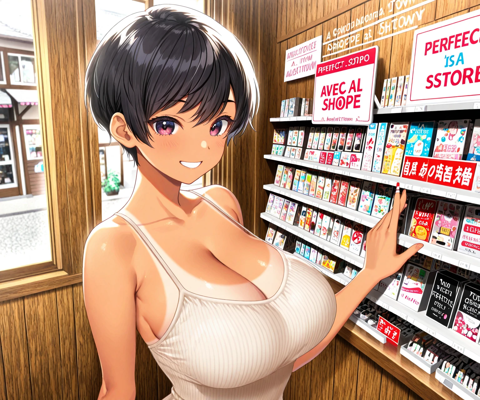 correct her hands, lustrous dark skin, naughty smile, long curly hair, pink blouse, cleavage, unzipped shorts, broad hips, convenience store, glowing blue eyes, pantyless