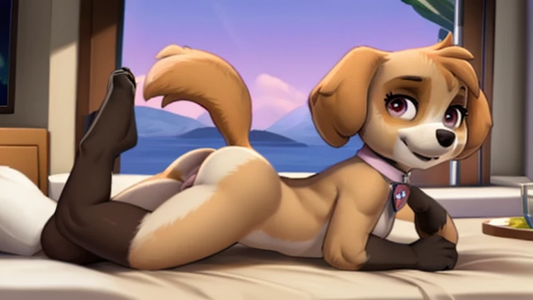 anthro, female dobermann, (pussy), medium breasts, laying on beach chair, fingering pussy, pussy focus, close-up, spread pussy, wet pussy, spread legs, masturbating, tropical island setting, by zaush, by meesh, black pupils, detailed eyes, HD, photo realistic, quality,