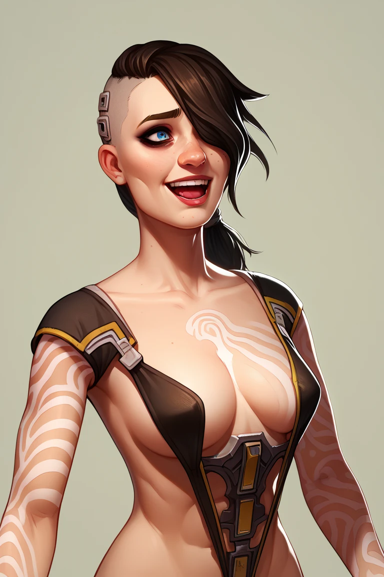 score_9, score_8_up, score_7_up, BREAK, 1girl, solo, angelbl, tattoo, excessive freckles, makeup, hair over one eye, asymmetrical hair, ponytail, open smile, portrait, cleavage, medium breasts, underboobs, sling bikini, pubic hair, tongue out 