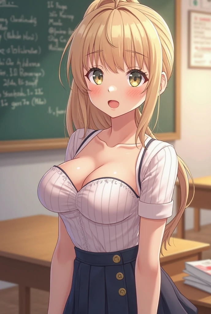 Blonde ponytail, busty, cleavage, unbuttoned , skirt, standing, smiling, (blushing:1.3), classroom background, leaning forward on table, (pov), glowing eyes, necklace, earrings, nsfw