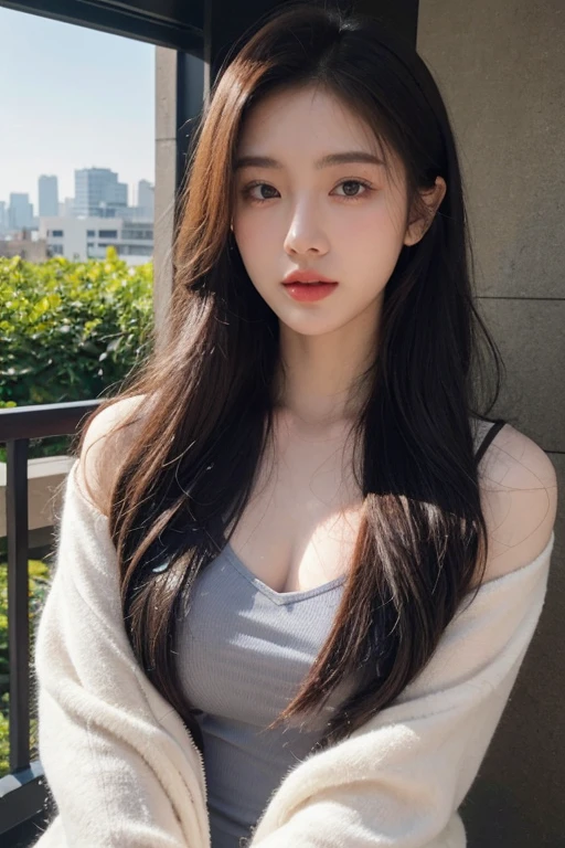 1 Girl,balcony,Soft Light,Chinese Beauty,sweater ,Off-shoulder,Dark-haired,long hair,