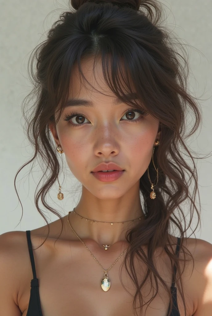 Hay una mujer con un pecho muy grande posando para una foto, Retrato Sophie Mudd, flequillo esponjoso, con flequillo, Cara sexy con maquillaje completo, cara extremadamente hermosa, Cabello limpio con flequillo, brown hair and bangs, flequillo recto, con cara redonda, Cara perfecta ), con flequillo completo, auburn hair with bangs, Features of the pretty face, flequillo de cortina, 🤤 girl portrait