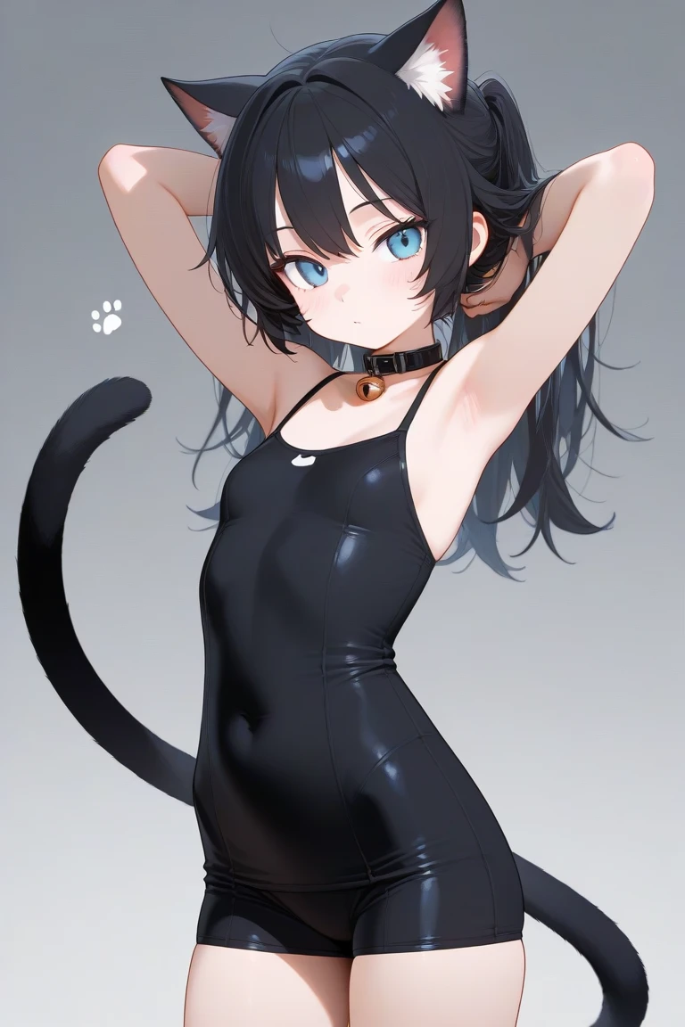 ponytail,Black Hair,Cat ear,Cyan eyes,Cat Tail,woman,slender,small breasts,pointy breasts, virgin killer sweater,black tights