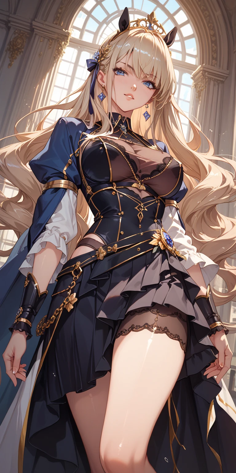 best qualityer，tmasterpiece，Ultimate resolution，downy，Extremely colorful，Colorful，western regions，Dancer，（Kneeling pose）blond hairbl，Bikini costumes，Exotic，huge tit，Crop topping，short  skirt，Black socks，heeled sandals，veils，Normal posture