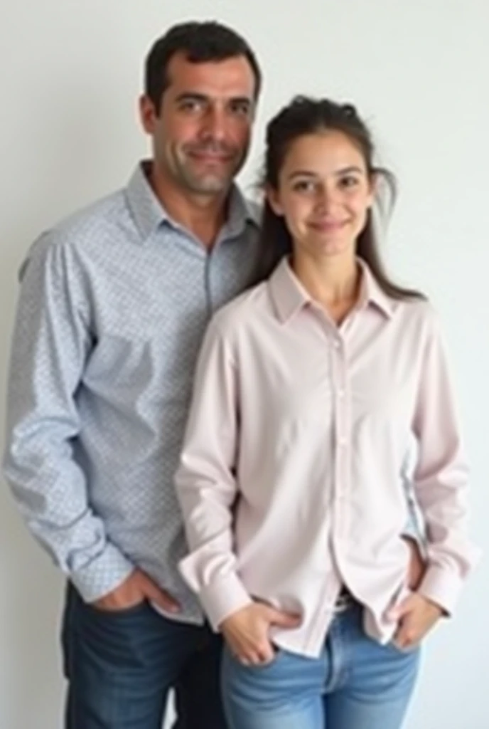 The man's shirt is light-black, his pants are black, and he has a watch on his left hand. The woman is wearing a light-purple dress, her hair is black, and she is wearing a watch on her right hand. Both are a couple. The color of the skin is pale. The floor is an old house indian cupple ,coloriz image