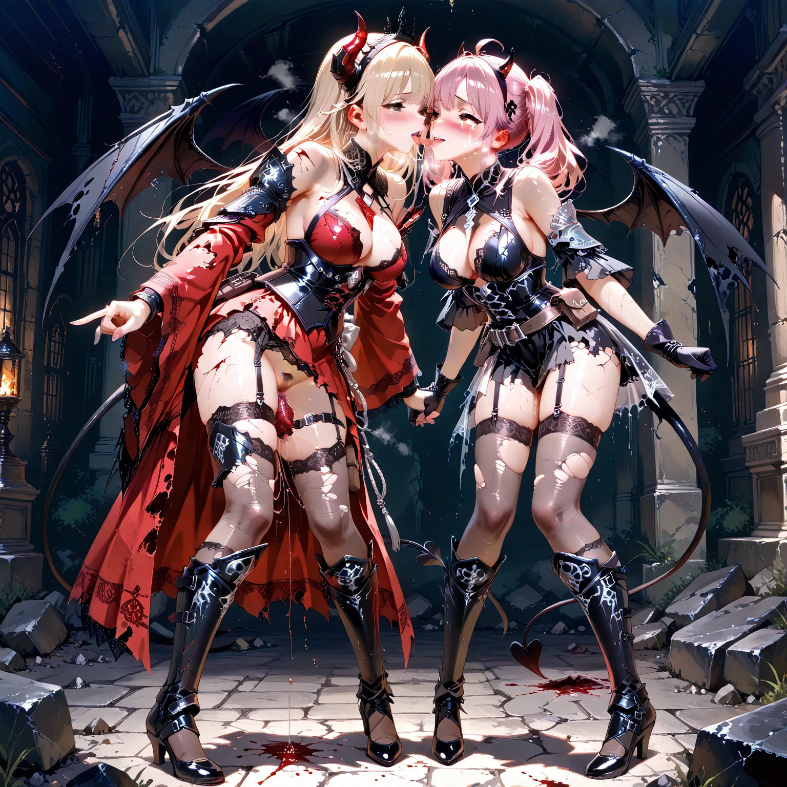 (ashenhard style:1.4), masterpiece, top-quality, hightquality,(Has a dark red glow and red eyes、dark shapeless creatures surrounded by darkness:1.2), (In profile), (dark:1.2), abstraction, abyssal, awardwinning photo, depth of fields, nffsw, ighly detailed, trending on artstationh, Trending in CGSighbour, Convoluted, high detailing,(masterpiece:1.2、top-quality)、(The best lighting、extremely delicate and beautiful)、(The best lighting、extremely delicate and beautiful)、(beautifull detailed face)、(Detailed eyes and detailed face:1.2)、dark Fantasy, (younggirl, Little beast, 1girl in, solo, Crazy smile, pale skin,19 piercings,((Tattoos all over the body,Tribal tattoos all over the legs)) white hair, eyes glowing red, Dynamic Angle, Vampires), ((Chains in the background,magic circles,graffiti on the walls,Get)),Get demons to be summoned), (Devil from Magic Circle)Magic Thunder, spiky_Ears, tusk,Demon Wings,Demon Horns,Blood on the face,Blood Rain,Blood fog,(depth of fields),highcontrast,(blood splashing:1.4),((from the front side)),In front of the subject,cowboy shot,full body Esbian, Black Lace Up Thigh Boots,Shout,Birth,Magnificent stage
