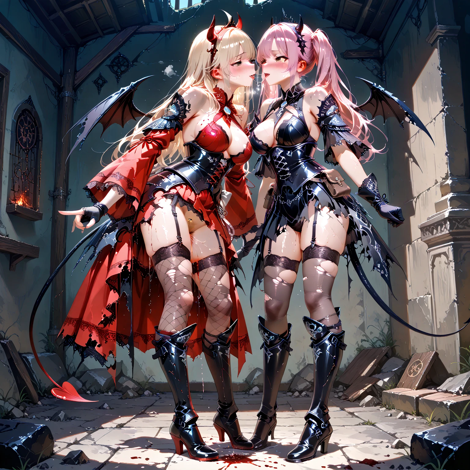 His chest was covered in blood、Anime girl with blood dripping from her chest, gapmoe Yandere grimdark, Shatia Bradfren, Bad guy anime 8k, Yandere intricate, portrait gapmoe Yandere grimdark, Vampire Girl, bloody + Concept Art, Yandere, Anime style 4k, Blood at the corner of mouth,Small tiger teeth,Devil Wings, Gothic girl anime long skirt,Red Moon,castle