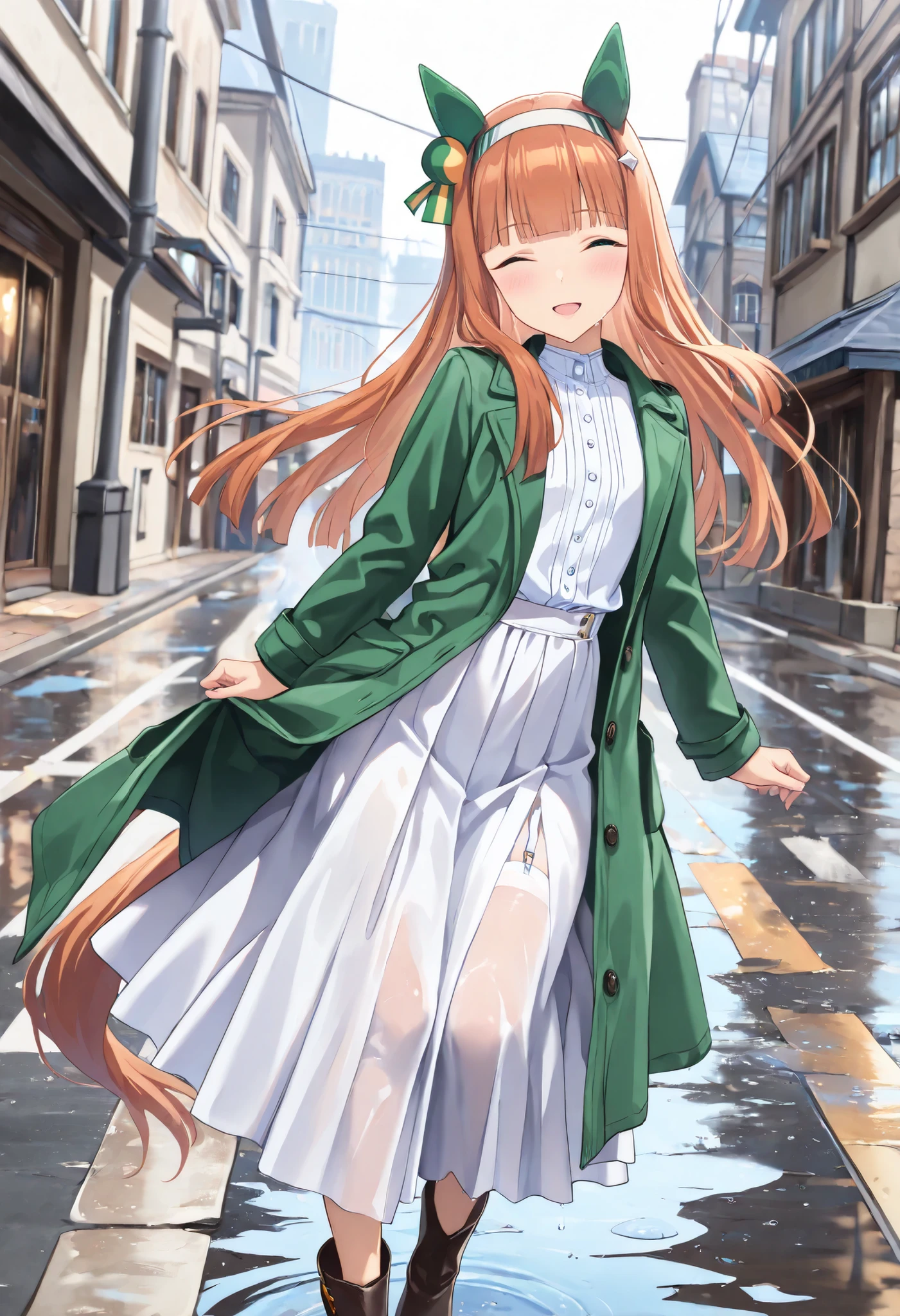 (masterpiece, best quality, perfect face:1.4), wide angle, silence suzuka \(umamusume\), horse ears, ear cover, white headband, small breasts, horse tail, tail on the lower back, proportional body, proportional,1 girl, beautiful hair, beautiful face, beautiful detailed eyes, beautiful clavicle, beautiful body, beautiful chest, beautiful thigh, beautiful legs, beautiful fingers, looking at viewer, BREAK, wear a white shirt, green long rain coat, long skirt, garter belt, long boots, street corner, Rainy night, Chic cityscape, Stone Building, wet road, puddle, BREAK, blush happy smile (open mouth), one eyed closed, textured skin, realistic skin, HDR, 
