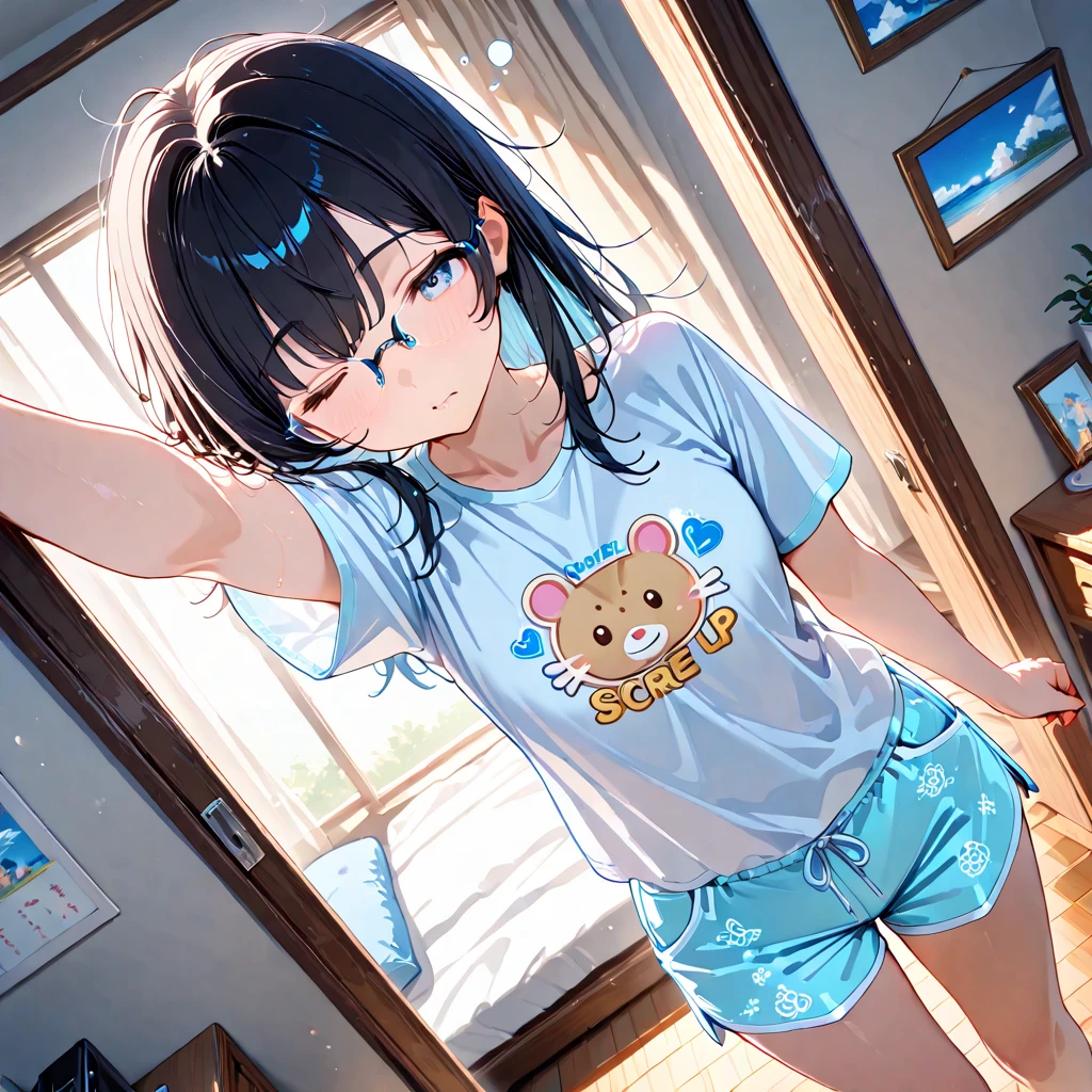 T-shirt oversized, ahegao, blush, wet, white Stripe blue striped panties, see through, nipple, sad, Toddler,