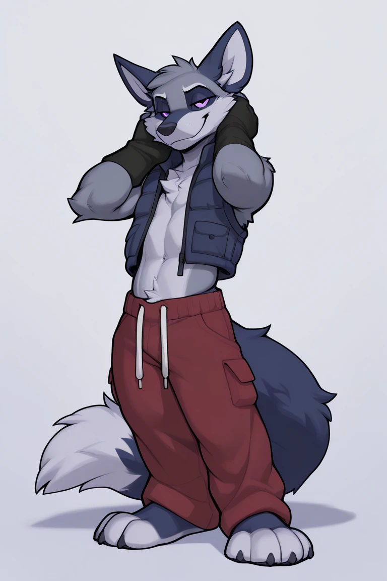 (pinup), Anthro, male, solo, full length portrait, canine, (wolf:1.1), athletic, abs, muscular, smile, blushing, plantigrade, barefoot, without shirt,(naked:1.2),white jockstrap, white Nike socks, tenis converse (shoes, tenis, converse) converse shoes fetish, happy trail, chest tuft, raised right arm, fluffy and hairy armpit, flexing left arm, elbow tuft, (white background:1.1), digital artwork, (flat colors:1.2), (by adios, by k-9, by paintfox:.8), by delirost, by tritscrits, (detailed fur,detailed fur texture:0), (masterpiece, best quality, high quality, highres, ultra-detailed), pretty feet paws full body, pretty paws, muscle chest