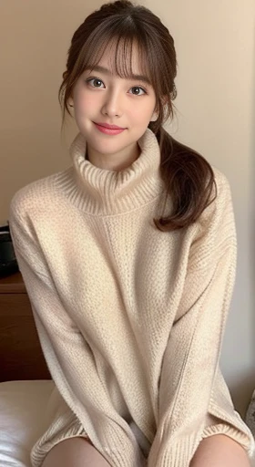 (Best quality images, 8K, Masterpiece: 1.3), 1 girl, Beutiful women，The abdominal muscles are slender: 1.3, (Casual hairstyle, 爆乳: 1.3, High neck clothes 1.1), Yarn dress: 1.1, Ultra-fine face, Delicate eyes, Double eyelids, Smile, hometown