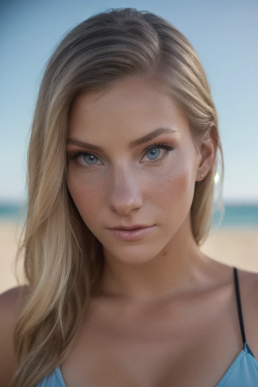 ASMRDarling (sharp focus:1.2), photo, (beautiful face:1.1), detailed eyes, luscious lips, (cat eye makeup:0.85), wearing (bikini:1.2) on a (beach:1.2), depth of field, bokeh, 4K, HDR. by (James C. Christensen:1.2|Jeremy Lipking:1.1).