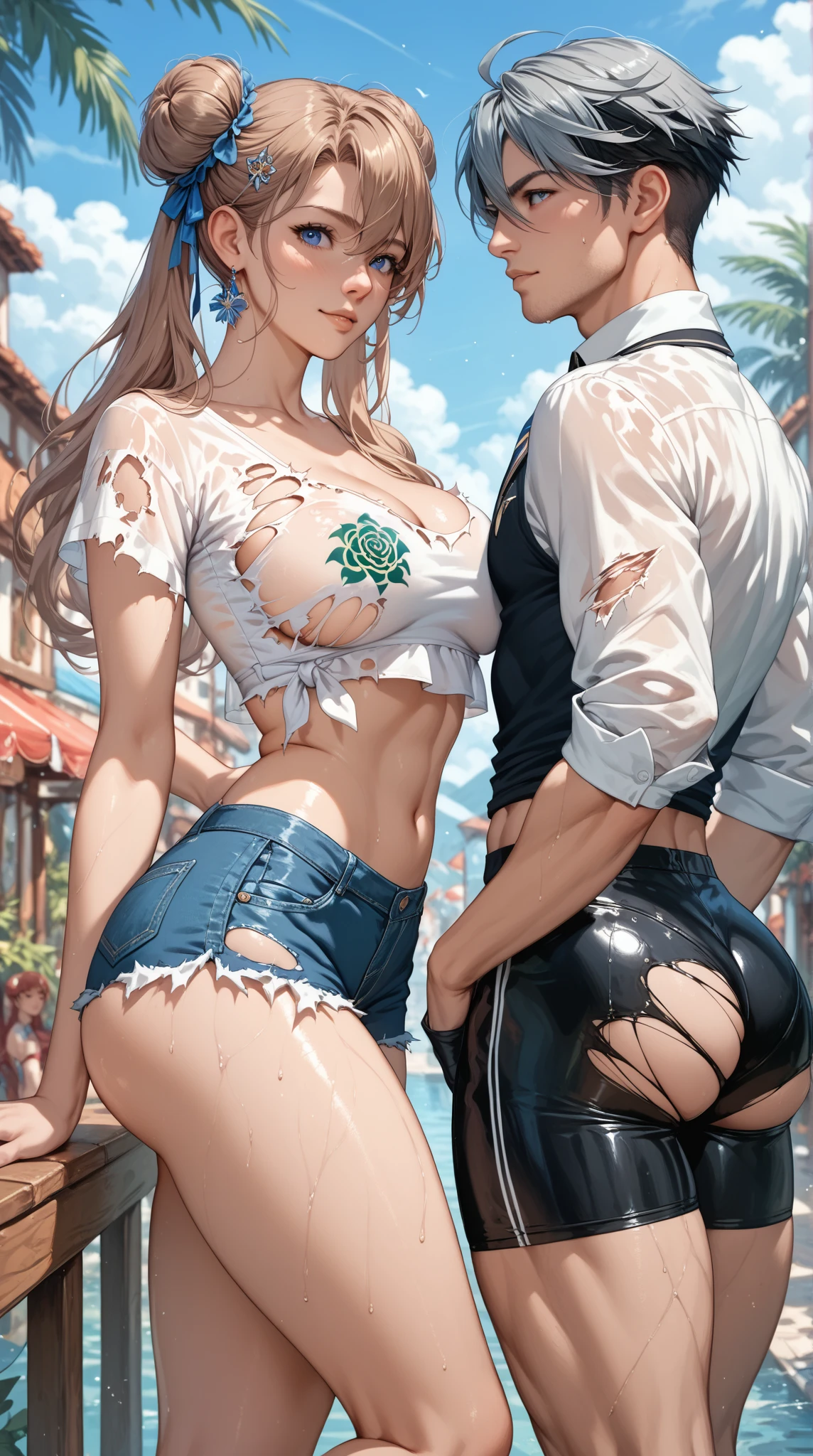 top-quality masterpiece Male and female couples 18 year-olds , Girl leaning against a wall wearing ripped jeans and a tight crop top , Boys playfully wrestling each other in the grass , Without glasses , Coming-of-age story
(high resolution, The pixels are crisp and clear, captivating portrait), (Life-like: 1.5), (Young Love: 1.3), (Sensual: 1.2), (Navel piercing: 1.2), (Toned muscles: 1.3), (Sun-kissed skin: 1.5), (Expressive: 1.4