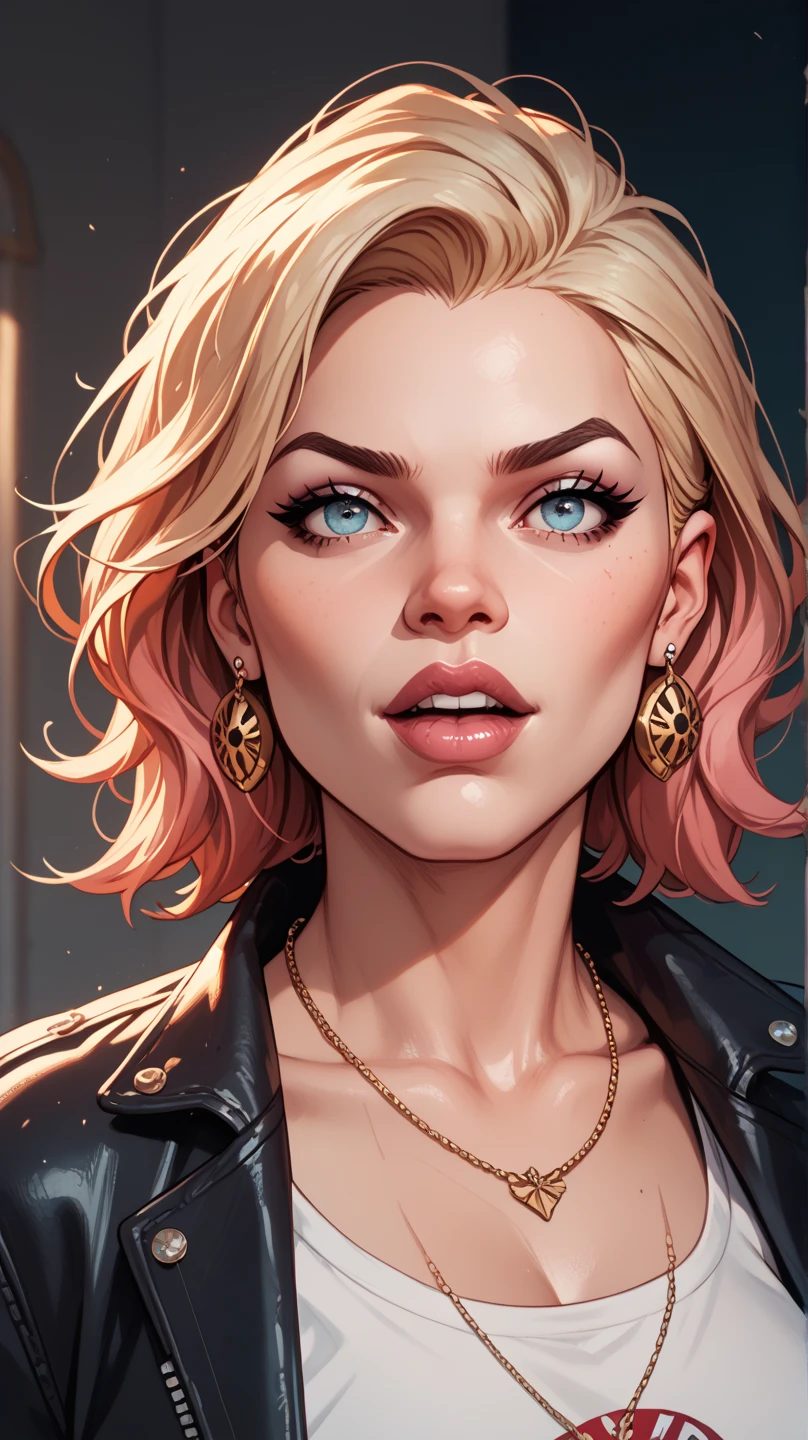 a poster of a woman with a necklace and a necklace on her neck, in style of stanislav vovchuk, martin ansin, by Bencho Obreshkov, comic book cover visual style, official artwork, soviet style cyberpunk, butcher billy style, inspired by Nikolai Yaroshenko, martin ansin artwork portrait, comic book cover style, comic book cover