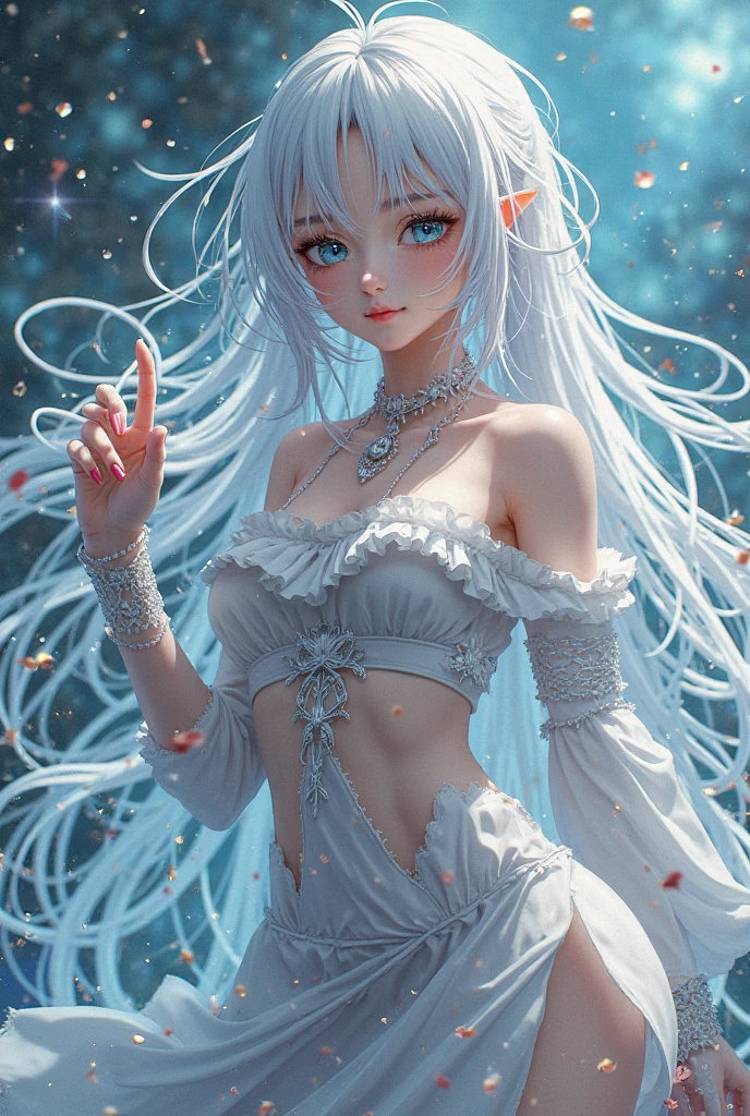 (best quality, masterpiece:1.2), ultra-detailed, portrait, female, beautiful, maturing, lovely, detailed face, blue eyes, rosy lips, porcelain skin, long flowing hair, feminine features, delicate flowers, pure white dress, aesthetic clouds, partially underwater, sparkling water, colorful palette, photorealistic, soft lighting, ((partially underwater shot)), 4k, 8k, highres, masterpiece, award winning