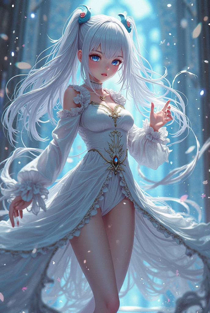 wood, Detailed mini ice spikes and crystals, Frozen waterfall as background, Light reflected on ice crystals, Flowing snowflakes.Beautiful woman、white hair、cutegirl,Realistic people,black dress