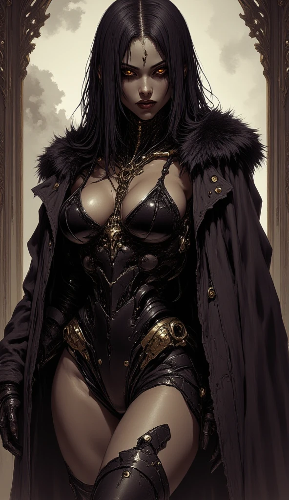 1girl, wearing (gold) minidress, (fur cape:1.4) over the shoulder, fashionable, confident pose, thighs, stylish outfit, detailed clothing, luxurious fur, elegant, chic, soft lighting, modern fashion, arabs, very long straight black hair, (thick eyebrows:0.8), gigantic breasts, (warm skin undertone), black eyes, wide eyes, middle parted hair, v-shaped eyebrows, (v-shaped eyes, tsurime), intricate filigree headpiece,