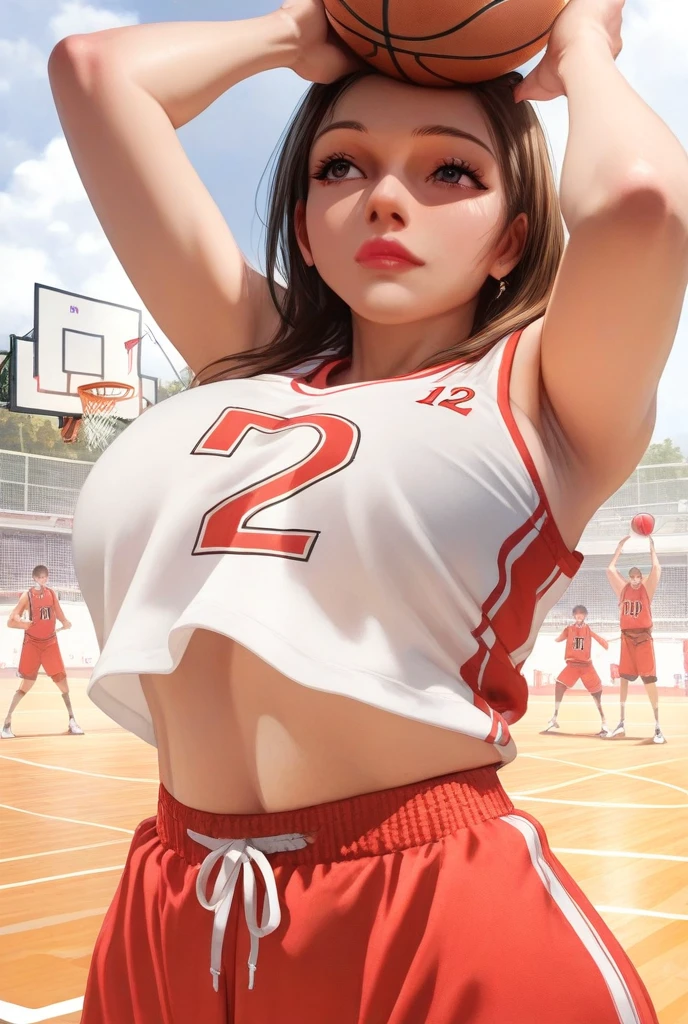 Masterpiece: 1.2, best quality), realistic, (real picture, rich details details, depth of fields), (1girl, solo), makeup, high detail, perfect face shape, (big breasts: 1.4), (skindentation ), thick thight, Wide hips, big breasts thin waist, Tall guy, coral, Redlip, red - eyed, horse tailed,((((Girl playing basketball, Transparent red basketball suit)))), (sweat leggs: 1.2), (dampness), Raised sexy, Be red in the face,Sweaty,(ssmile)