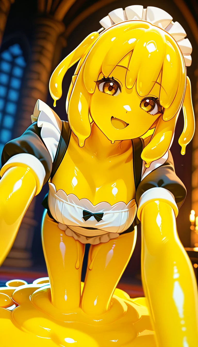 masterpiece, Highest quality, hot , golden hair, golden skin, nude, Smooth texture, shiny, body paint, body covered with golden paints, sweaty, smell, steamy beautiful obscene body, blush, sit down, dark hot room