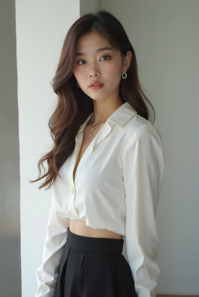 8K, on the table, original photo, best quality, actual, Highly detailed CG Unity 8K wallpaper, Writing Depth Limit, light, lens flare, Ray tracing, (Very beautiful face, Beautiful lips, beautiful eyes), Faced with intricate details, ((The skin is very delicate)) 1 girl, in the darkness, Deep Shadows, Cute Korean girl, K-pop idol, 1 girl, (Very slim and slender fit muscular body:1.3), ((looking at the audience)),(A bright smile:1.3), (Blurred background),(No one in the background:1.3), beautiful earrings, bracelet, Clear eyes, Walk, (Pale skin), (big eyes), expect, (brown hair), (full-body shot), , ((Black high waist skirt)), , (looking at the audience:1.3) Open the chest, Very slim, Medium breasts, focus, in front of eyebrows, Thick thighs((White shirt:1.3)), (Double breasted,underbust:1.2), Short sleeve, Button Gap,Frameless glasses,Corset Belt,beautiful ponytail,