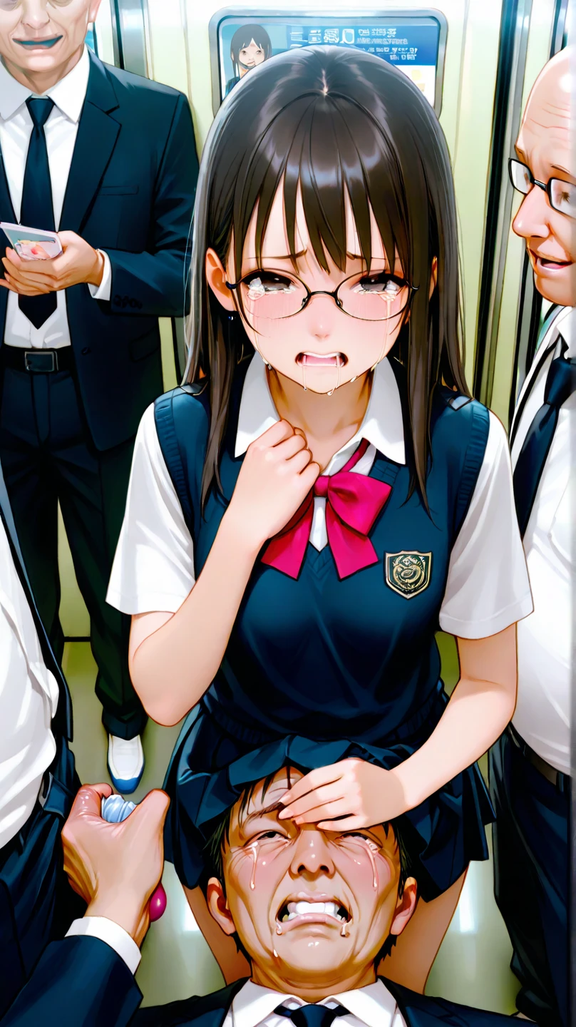 Close-up shot of a sexy woman, Gorgeous with captivating eyes and perfect makeup, radiant childhood friend, emphasized by the transparent shirt ,Pleated skirt school uniform , Show off your sexy figure with big thighs and wide hips, provocative. tie (Shibari, tay bị tie sau lưng: 1,5), (Shibari: 1,21), Bị tie, chân bị tie, gag with drool ball,wearing big red ballgag glasses, Lying in a classroom surrounded by many people , green rope