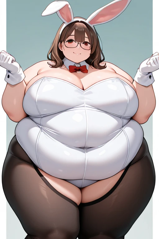 ((highest quality)),(kawaii:1.2) break (Morbid obesity:1.7),cute break (((obese))) break (Light black hair),Braid,Red rimless glasses,Under Rim,((Bangs Bangs)) break ahegao,Double chin break (bear:1.2),(playboy bunny,leotard,garter belt,pantyhose) break (saggy breasts:1.3),(long breasts:1.3),(((wet skin))),nipple,nightclub break (pussy juice),(cum in pussy),(cum in asshole:1.2),show off pussy,sex,hetero,woman on top