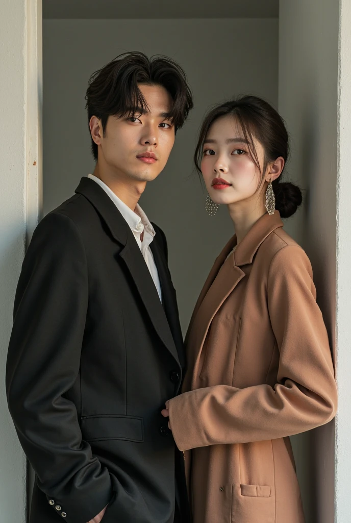 a couple of people standing next to each other holding hands, vestindo um terno marrom desgastado, wearing wool suit, Foto da revista Vogue, Foco no terno Art Nouveau, naipe, Jinyoung Canela, pose de casal, bem - vestido, vestindo um terno, vestindo ternos!, Lovely couple, Bae Suzy, foto da revista, par, vestindo terno de moda, Artista coreano, TaeJune Kim