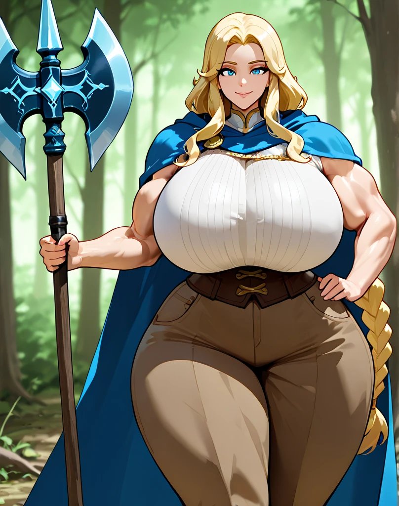 (best quality,4k,8k,highres,masterpiece:1.2), ultra-detailed, UHD, studio lighting, ultra-fine painting,sharp focus, physically-based rendering, extreme detail description, professional, vivid colors, bokeh, sexy woman, mature, milf, huge breasts, large breasts, curvy, voluptuous, blonde hair, sky-blue eyes, long hair, short robes (fantasy desing), loincloth, bracelets, necklace, earrings, great white staff, grinning, dynamic pose, solo focus, castle, outdoors