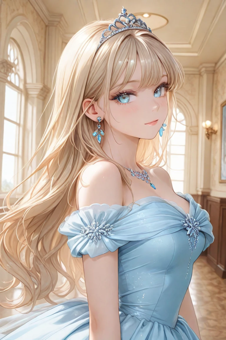 portrait, Elegant adult women, blue eyes, Long hair, side swept bangs, Sheer dress, see through dress, 4K resolution, High quality CG, fair
