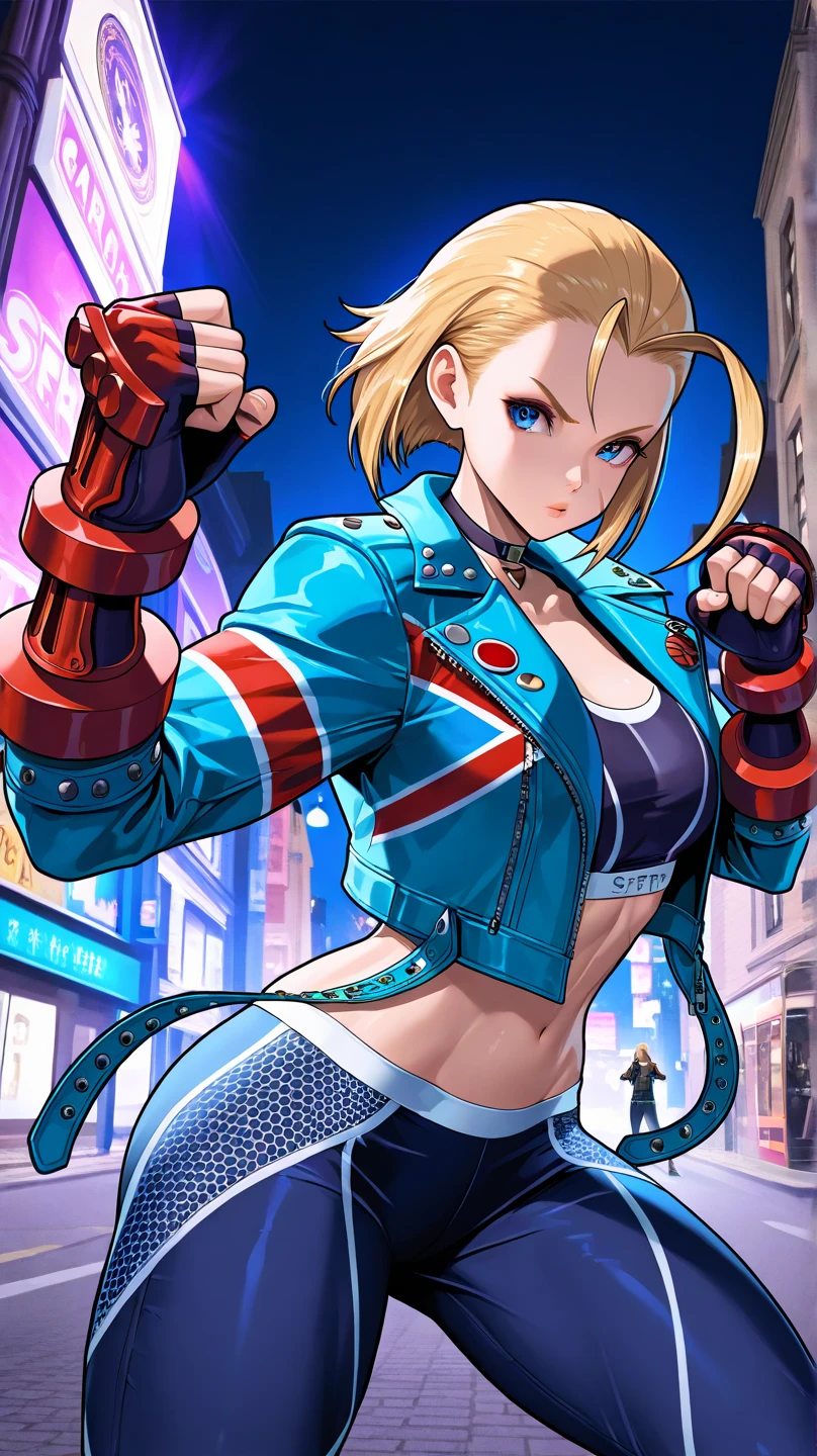 1 girl, Caucasian, ((detailed face)), Cammy ((jacket)), (blue jacket on top) [black sports shirt] and (black yoga pants), (circumflex blonde hairstyle, short hair), beach (arms behind back), (bend over), straddling her big ass on the beach.