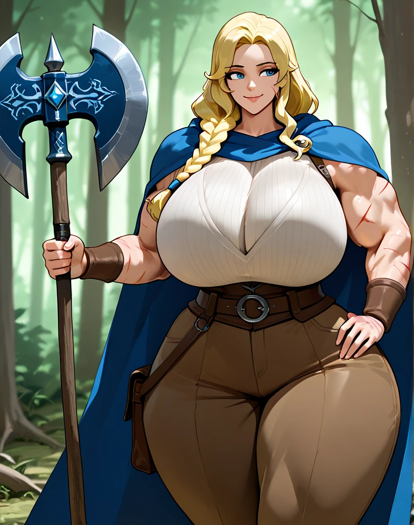score_9, score_6_up, source_anime, medieval mercenary lady, mature woman, bimbo, long fluffy blonde hair, hair covering one eye, big puffy full lips, pouted lips, squinting eye, ((NSFW)), ((Full body)), ((gigantic breasts)), ((sagging breasts)), wide hips, thick thighs, huge ass, detailed background