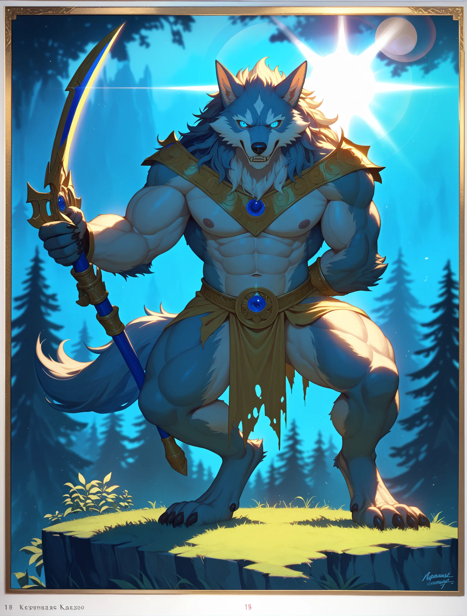 ultra-detailed, masterpiece, masterwork, high quality, best quality, hdr, (nature, night), posted on e621, (by darkgem), nsfw, male, solo, (white little body werewolf), canine, (long silver hair, yellow eyes, white body, roar), stylish pose, dynamic angle, (white loincloth)