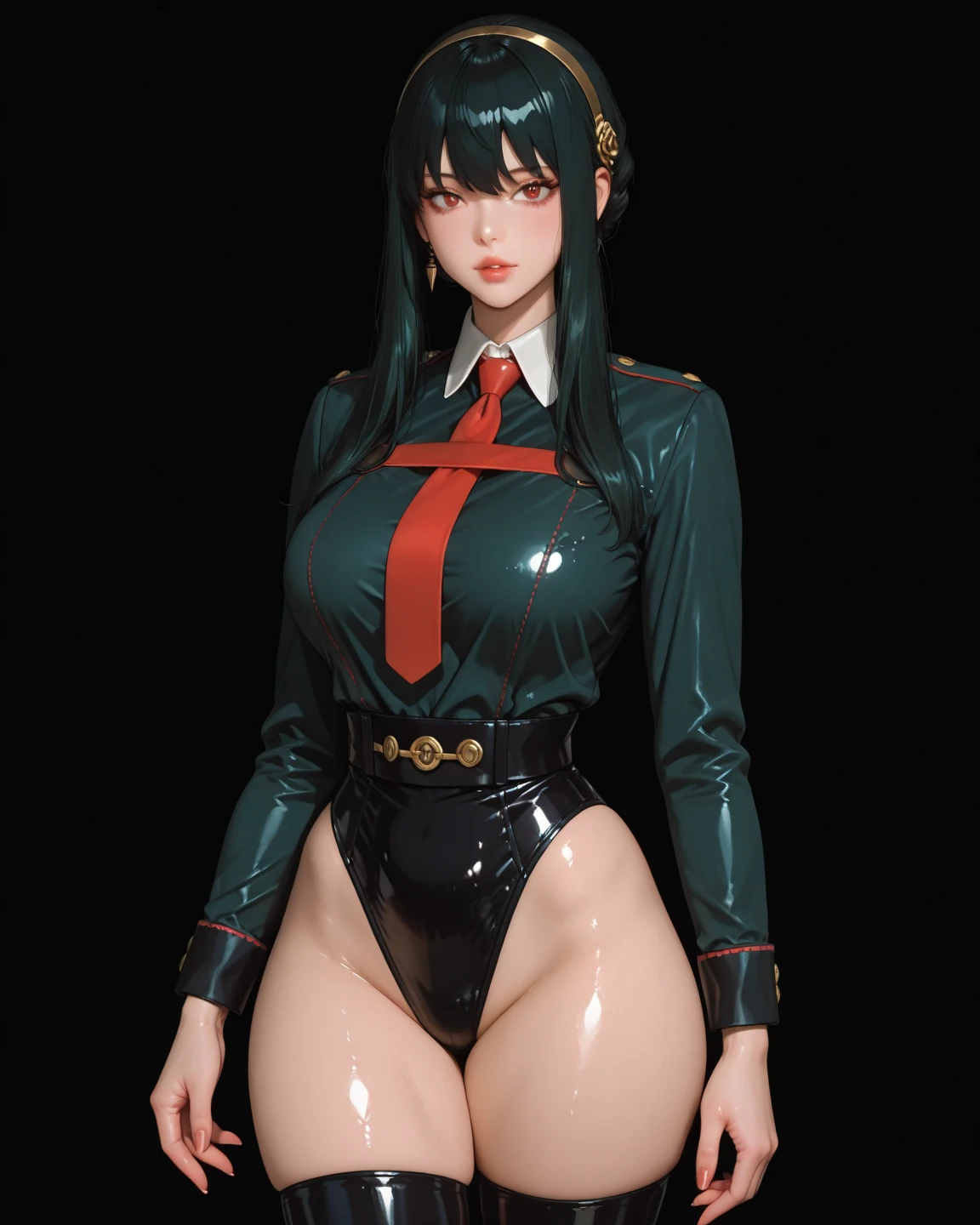 Thai Idol　Mature Woman　Blonde wavy hair with bangs　Her big breasts are pressed together and her cleavage is exposed.　Black Eyeshadow　Smokey Makeup　Dirty makeup　((Bright red plump lips))　((ネオン輝くcyber punkな街))　((Green khaki enamel military uniform tight mini skirt))　((Ultra-shiny metallic black patent leather knee-high boots))　Tight mini skirt garter belt　 masterpiece　8K　cyber punk　Electric Punk Urban Battlefield　Female Generals　((Bright red plump lips))　Duck mouth　gravure　Sit with your legs apart　Drill Sergeant　(I was attacked by a large number of tentacles and my limbs were tied up.)　Being naughtyly pranked by tentacles　Tentacles bring me to orgasm