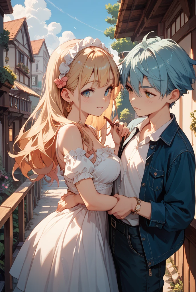 girl  with blue hair playing with a blond haired green eyed  elf boy, close friends, smiling, laughing, younger