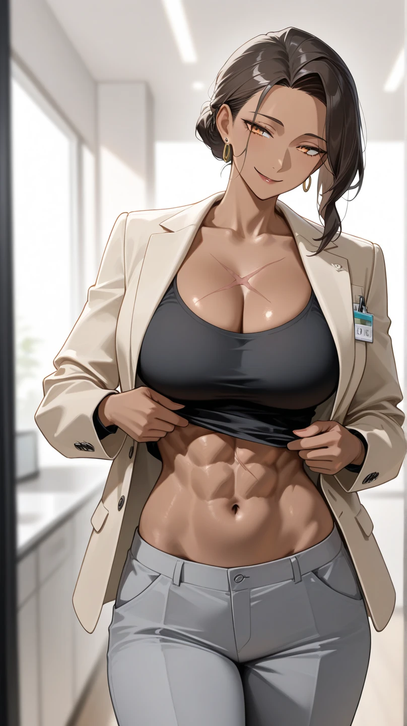 girl and colleagues,beautiful face,unbuttoned, muscular female, alternate muscle size,office ,pecs,muscular ,biceps,upper body,blush,glasses,torn clothes