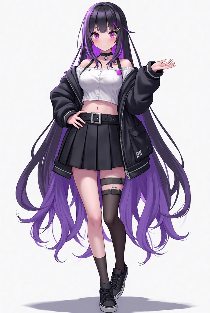 work of art, best qualityer,super fine illustration, Perfect Anatomia, anatomical correct, perfect proportion, face perfect, perfect hands, perfect legs, perfect toes, perfect hands, professional lighting, best qualityer, ultra detaild, extremely delicate and beautiful, 4K, 8k, clearly drawn face, gorgeous eyes, beautifully detailed eyes, highly-detailed eyes, (1 girl,standing alone,((black hair 1.2)(Purple Hair 1.2)fine thighs,long hair e liso, blunt bangs, (multicolored hair:1.5),(two tone hair:1.2), (gradient hair:1.3), multi colored eyes, standing, long hair, looking ahead at viewer, blush, , choker, thigh strap, (eyeliner:1.2), ombre, へそ, tummy, pink eyes, combat boots, skull hair clip, plain black hat, Black jacke, Purple pants, cinta, simply white background, fit the screen