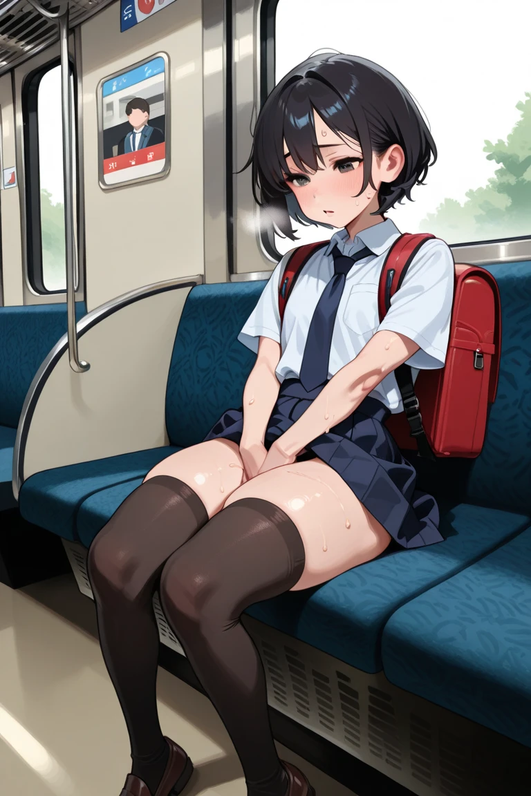 On a train, a molester is standing on a bare-chested girl wearing a checkered skirt, no underwear, erect nipples, short bob black hair, small breasts, and forcing her to stand, lifting her right leg and forcing his penis into her vagina.