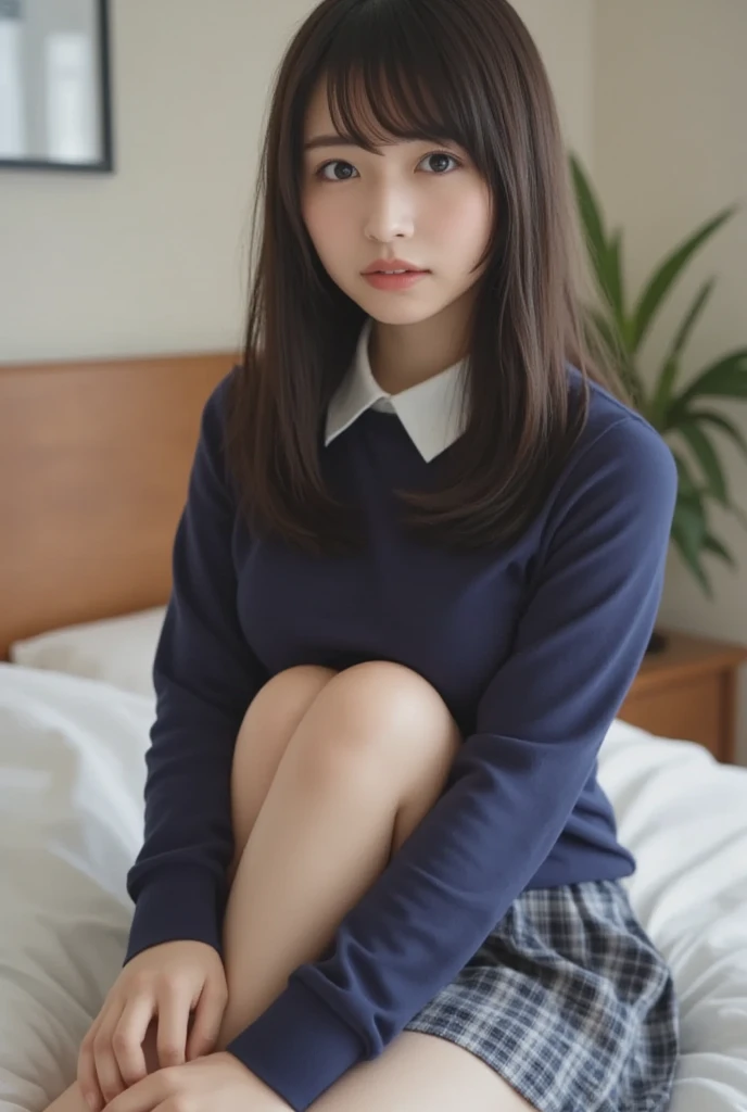 hi-school girl、School Uniforms、Navy Socks、Open your legs、Spread your knees to the sides、Spread your pubic area to the side with both hands、Pubic area that pops out、White liquid dripping from the pubic area、on the beds、 radical、sexual excitement、embarassed expression、shinny skin。