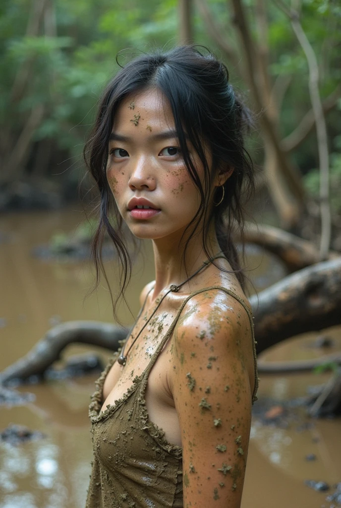 11-year-old South East Asian, hazel-eyed, naked but dirty as if she had fallen several times in the middle of a forest, nude, looks stunning beautiful face,