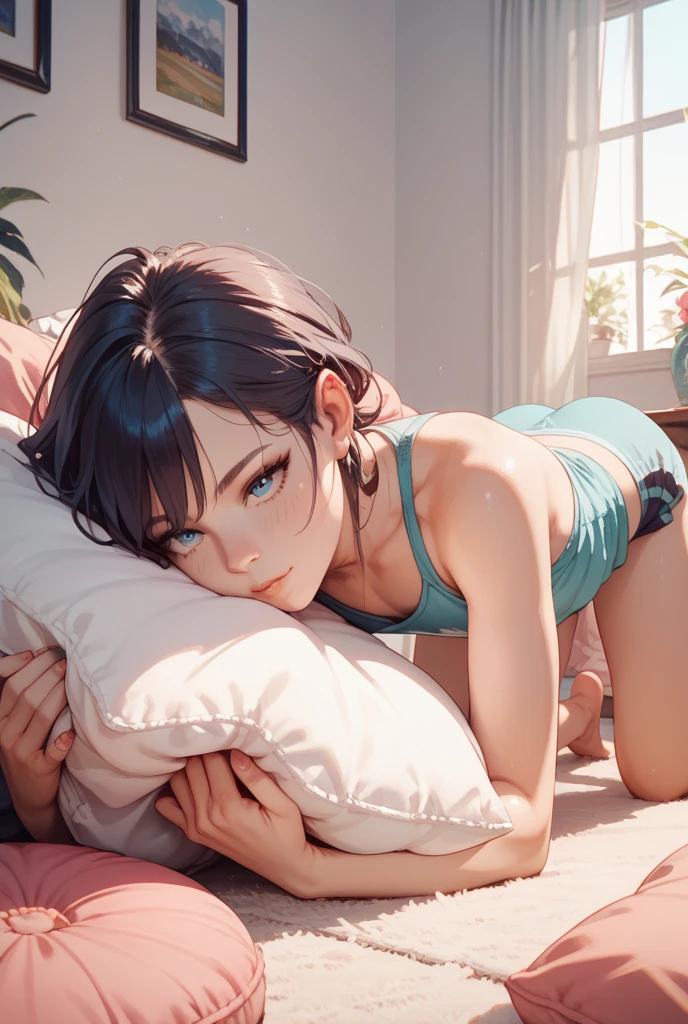 Best quality, tmasterpiece, brunette color hair, blueneyes, Only a bra was worn,full bodyesbian,stood on the bed --auto