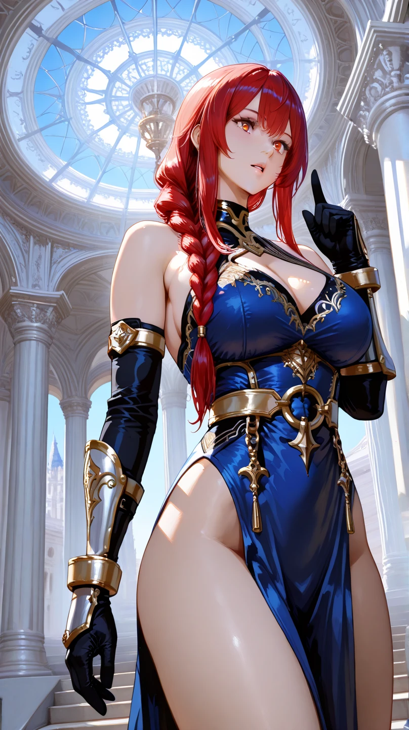 ((1girl)), full body, 80s_teela, a woman wearing armor, modelshoot style,(extremely detailed 8k wallpaper), masterpiece, best quality, ((intricate detail)), absurdres, (((red hair))), ((blue eyes)), ((perfect face)), muscular thighs, muscular arms, suggestive smile, skin texture, (tone mapped), ((outline)), dynamic angle, dynamic pose, Castle Grayskull in the background setting,