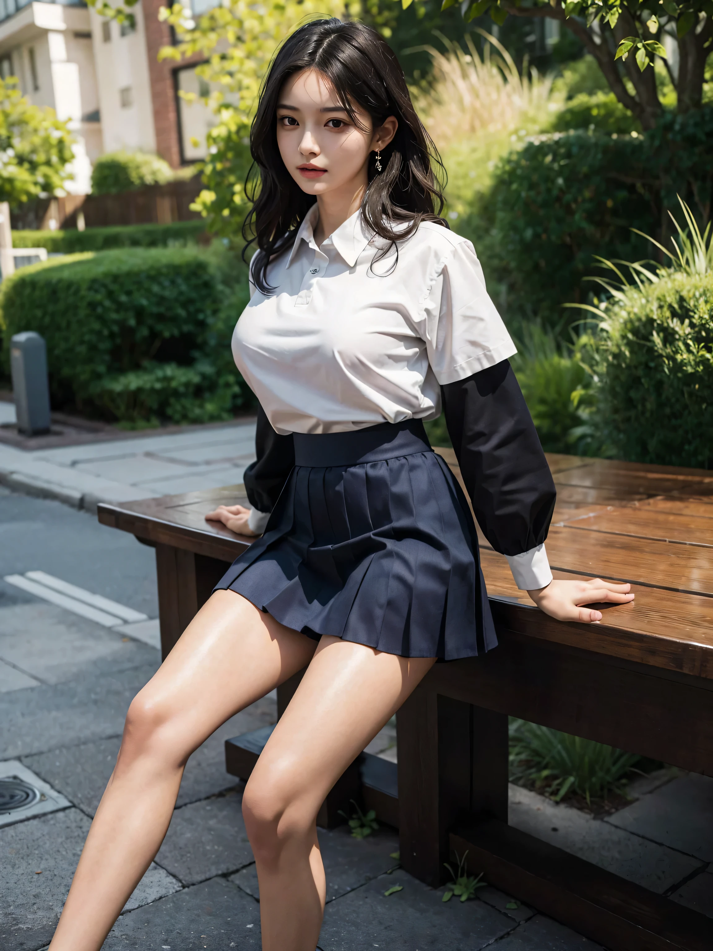 In 8K,Highest quality,The real picture,Intricate details,Ultra-high resolution,Depth Field,Masseter muscle area,Natural soft light,Professional Lighting,One Girl,(cute:1.2),Very beautiful 17 year old girl,Detailed eyes,((Brown eyes)),(Brown Hair),(Very long hair),(Bans),Perfect Skin,Glowing Skin,White skin,Fine skin,Very very large ample breasts,((Perfect Anatomy,Nice hands,Perfect hands,Five fingers connected to the palm,Accurate needles without discomfort)),Perfect bare legs,Delicate legs,Perfect Proportions,Sexy,I can see your chest,((Japan Uniform)),((Uniform Mini Skirt)),(tie),Black socks,Chano Leather Shoes,Lurking deep in the city,I can see your crotch,spread pussy,Nipples,Both legs are bent,Legs are spread in an M shape,,I'm not wearing pants,Slender thighs when viewed from the front