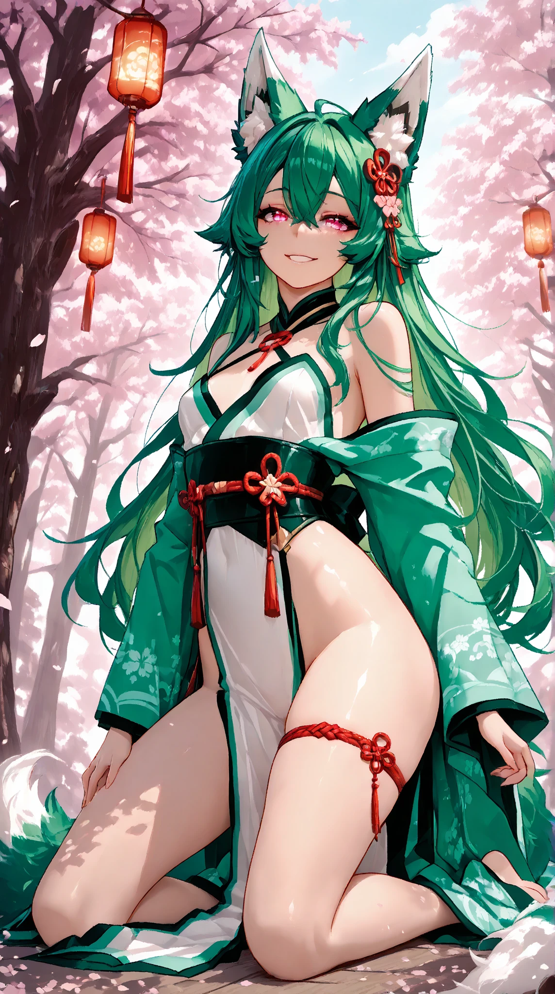(masterpiece, top quality, best quality, official art, beautiful and aesthetic:1.2), (1girl), (cowboy shot:1.5), colorful,highest detailed, DakiV4, DakiEyesV4, solo, long hair, hair ornament, thighhighs, white hair, multicolored hair, gradient hair, green hair, underwear, panties, green eyes, large breasts, smiling, fingernails, (japanese architecture:1.3), <lora:DakiEyesV4:0.8>, <lora:DakiV4:1>