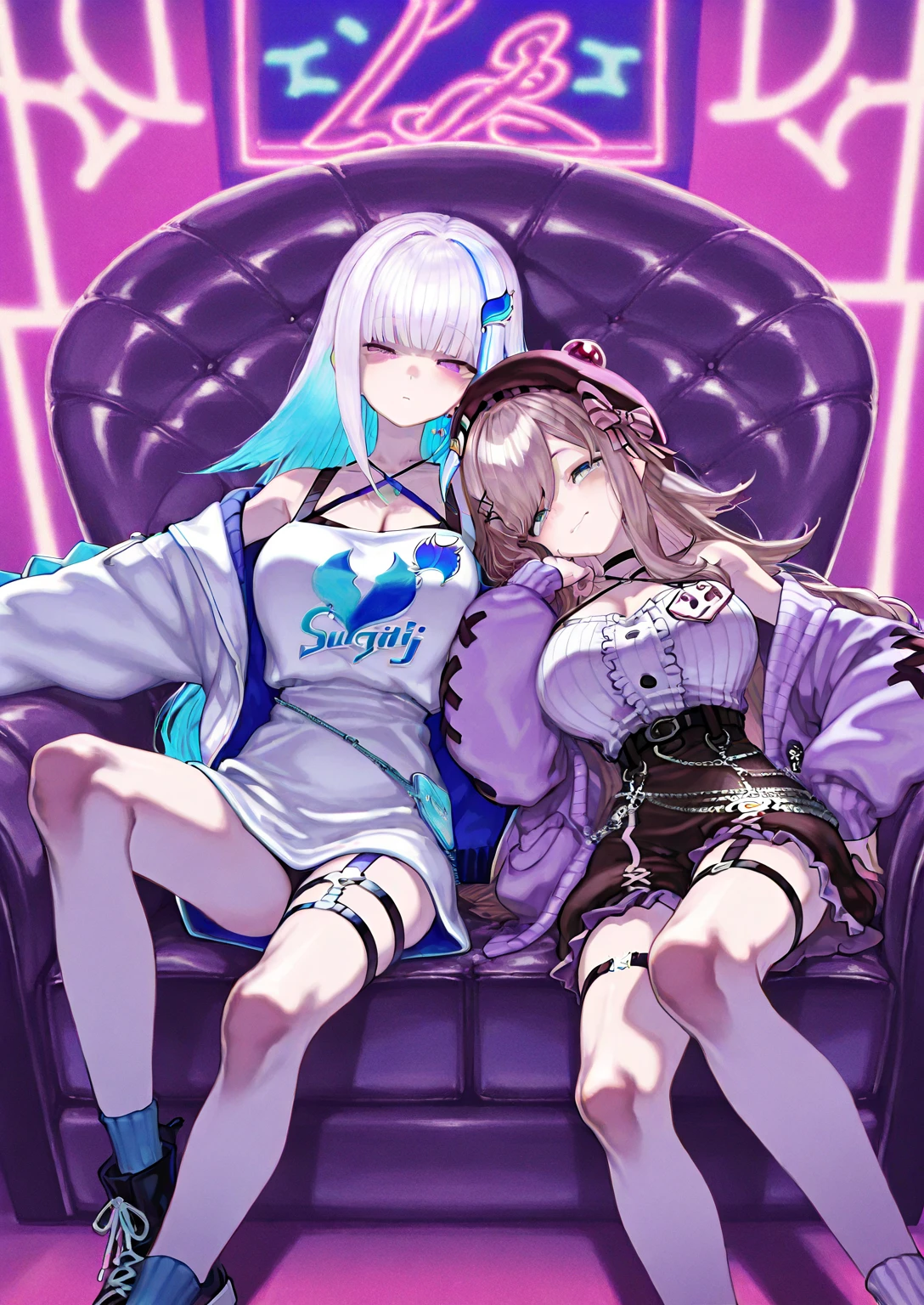 Arapei girl lying on bed with colorful background。Cyberpunk anime girl cosplay Guwiz style artwork，Artist Lu Dongjun，Created by Yang J，Ross Trunk 8K，Guvitz at the Pisif Art Station。Sakimican Frank Franzeta assists in creative conception。Anime girls wear hooded shirts。,bug breasts, earrings 