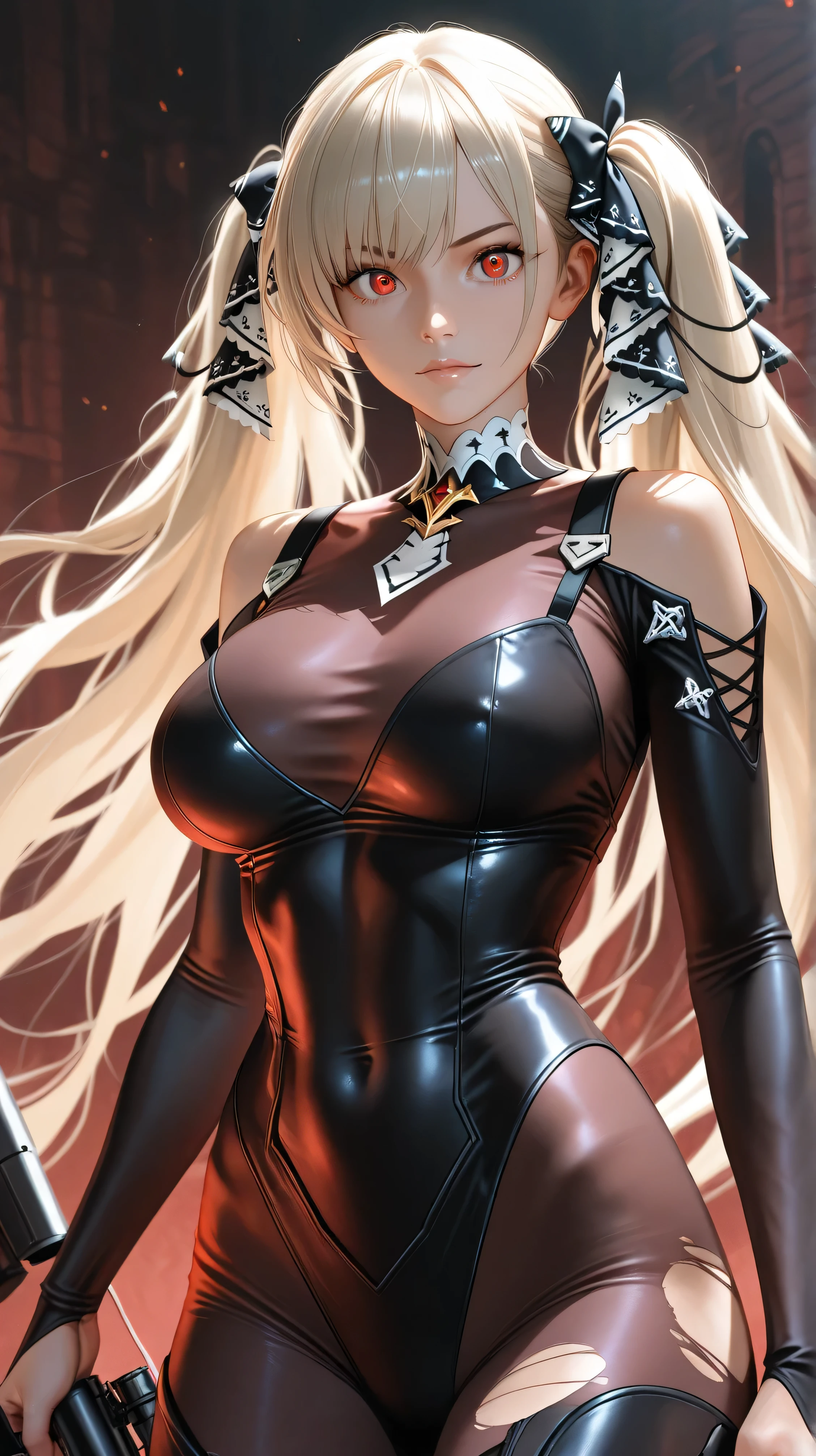 (1girl), with spider girl costume (samurai style), big breasts, breasts, wet skin, wavy blonde hair, punk girl, dark hair, transparent
