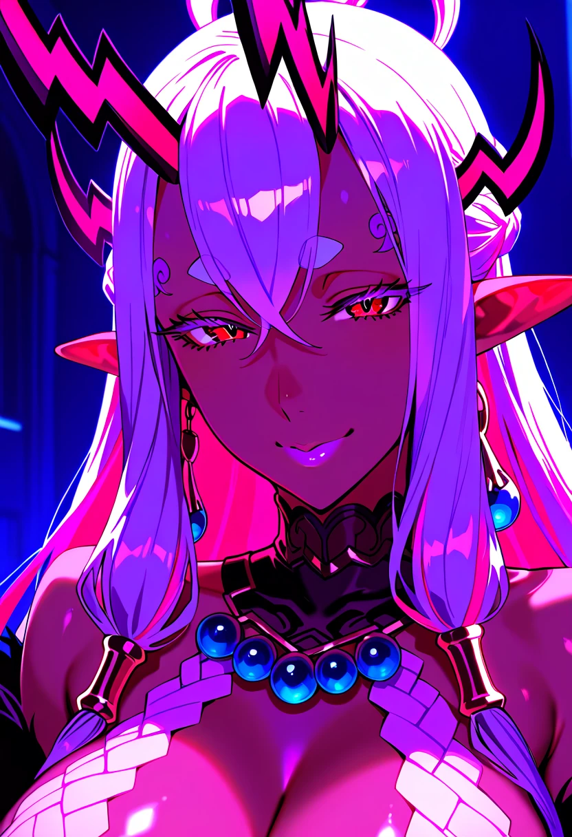 female body wolf, purple fur, long silver claws, arms outstretched, howl humain face, black skin, pink eyes, pink lips, prominent silver canine