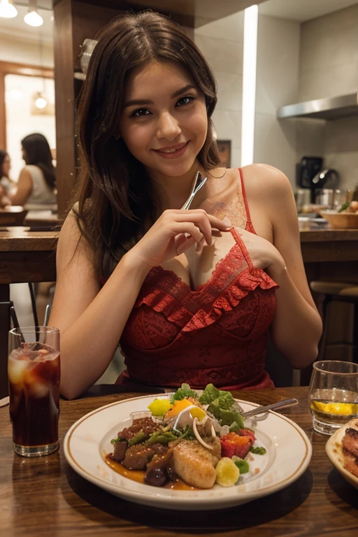 ((best quality)), ((masterpiece)), (detailed), perfect face super detailed face super big red lips super pumped lips kitchan making salad tight red dress silk dress deepest cleavage , healthy salad healthy food eaten chicken big breast , sexy flashing buttock
